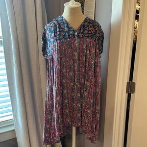 Natural Life Boho Floral Button-Front Women's Tunic Top in Teal and Magenta